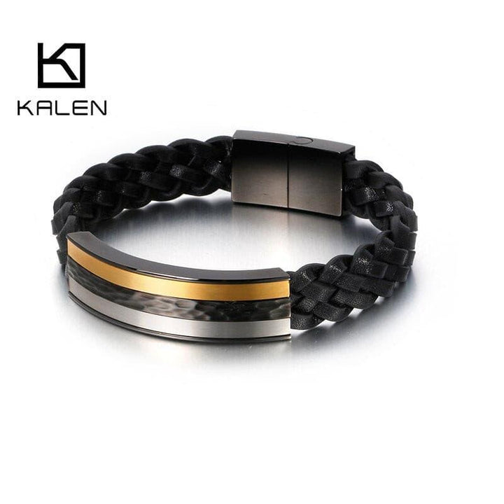 KALEN 21.5cm Black Genuine Leather Bracelet Men Stainless Steel Hip Hop Biker Bracelet Jewelry.