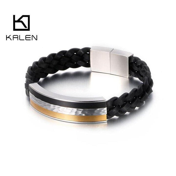 KALEN 21.5cm Black Genuine Leather Bracelet Men Stainless Steel Hip Hop Biker Bracelet Jewelry.