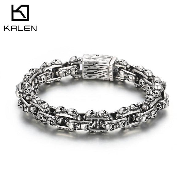 KALEN 13mm Box Chain Skull Charm Stainless Steel Bracelet for Men - kalen