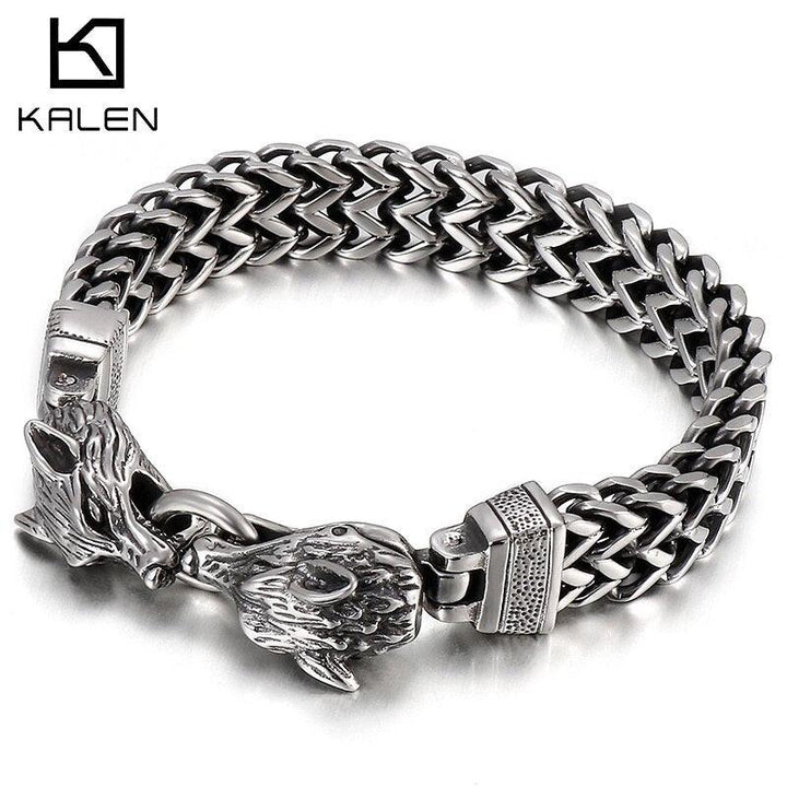 Kalen 13mm Stainless Steel Braided Chain Werewolf Charm Men's Bracelet Punk Accessories.