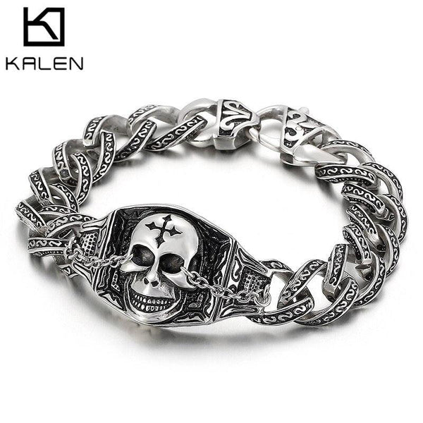 Kalen 13mm Vintage Cuban Chain Nordic Pirates Men's Stainless Steel Bracelet Cross Buckle.