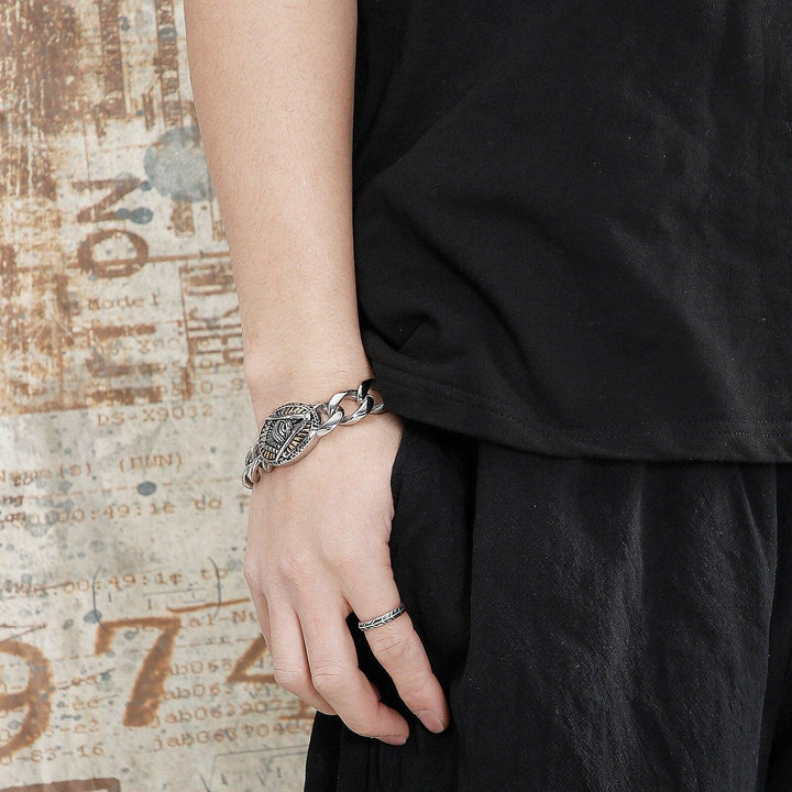 Kalen 13mm Vintage Cuban Chain Nordic Pirates Men's Stainless Steel Bracelet Cross Buckle.