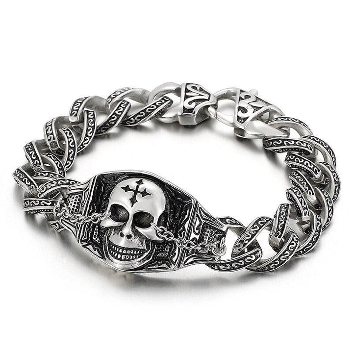 Kalen 13mm Vintage Cuban Chain Nordic Pirates Men's Stainless Steel Bracelet Cross Buckle.