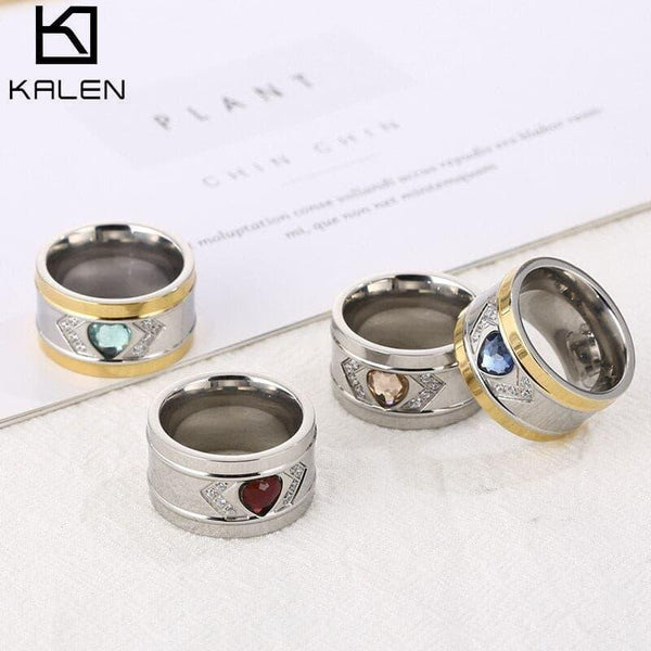 KALEN 13mm Wide Ring Jewelry Silver Color Stainless Steel White Stone Anillos Rhinestone Women Party Engagement Rings.
