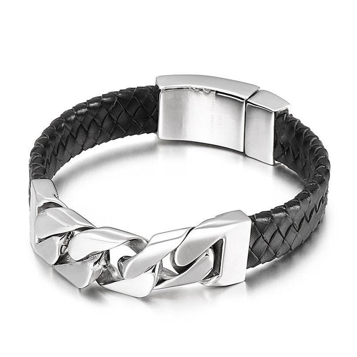 KALEN 14mm Cowhide Leather Stainless Steel Link Chain Bracelet for Men - kalen