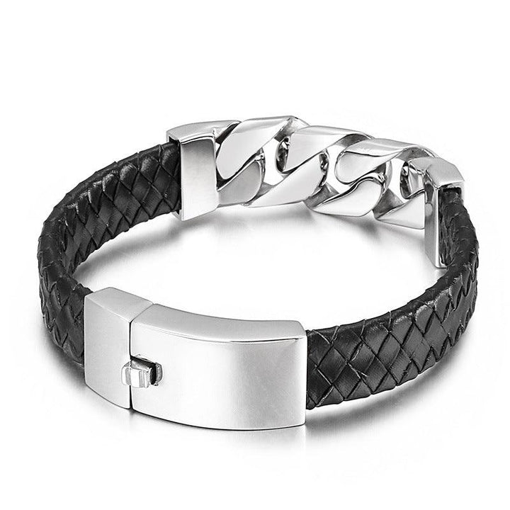 KALEN 14mm Cowhide Leather Stainless Steel Link Chain Bracelet for Men - kalen