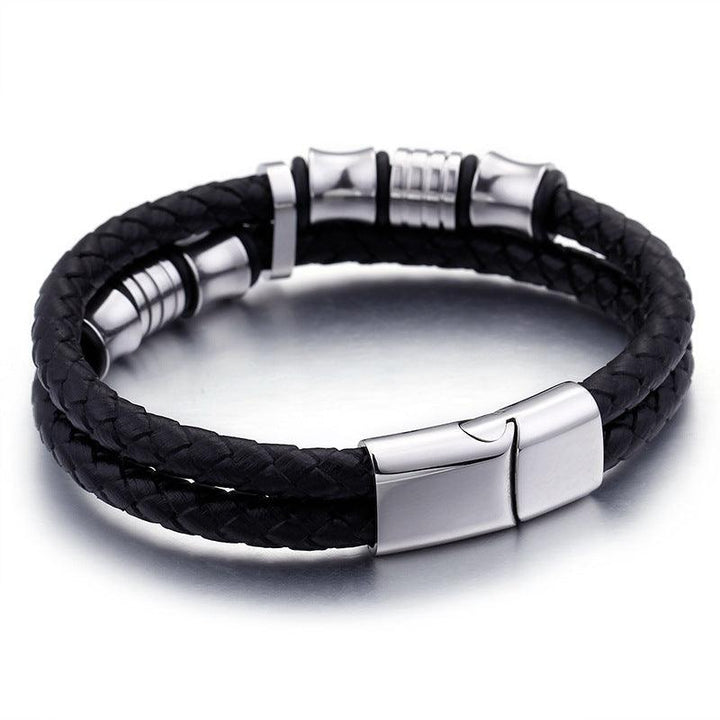 Kalen 14mm Double Layer Leather Stainless Steel Bracelet For Men - kalen