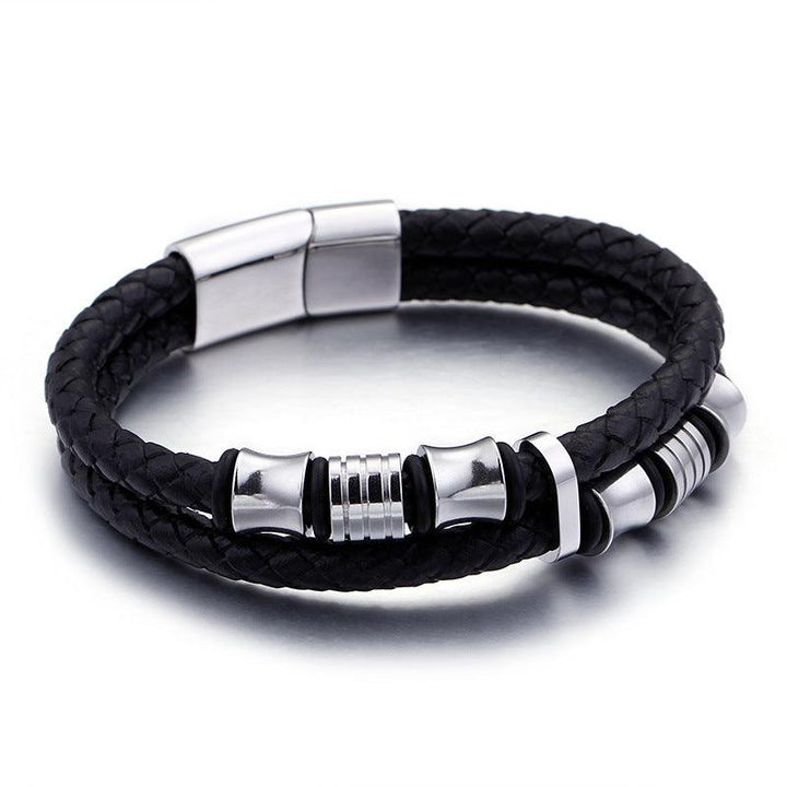 Kalen 14mm Double Layer Leather Stainless Steel Bracelet For Men - kalen