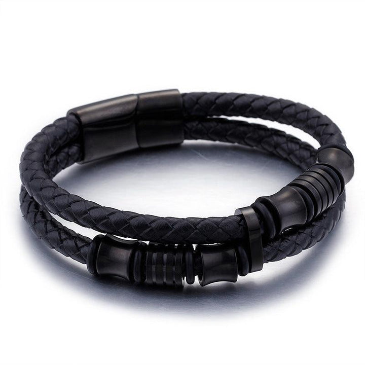 Kalen 14mm Double Layer Leather Stainless Steel Bracelet For Men - kalen