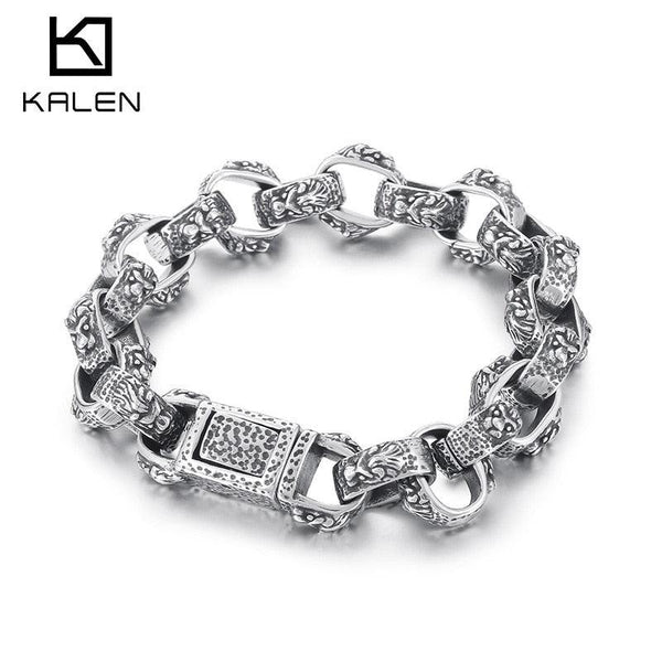 KALEN 14mm European And American Personality Retro Punk Men's Titanium Steel Lion Bracelet Boy Men Jewelry.