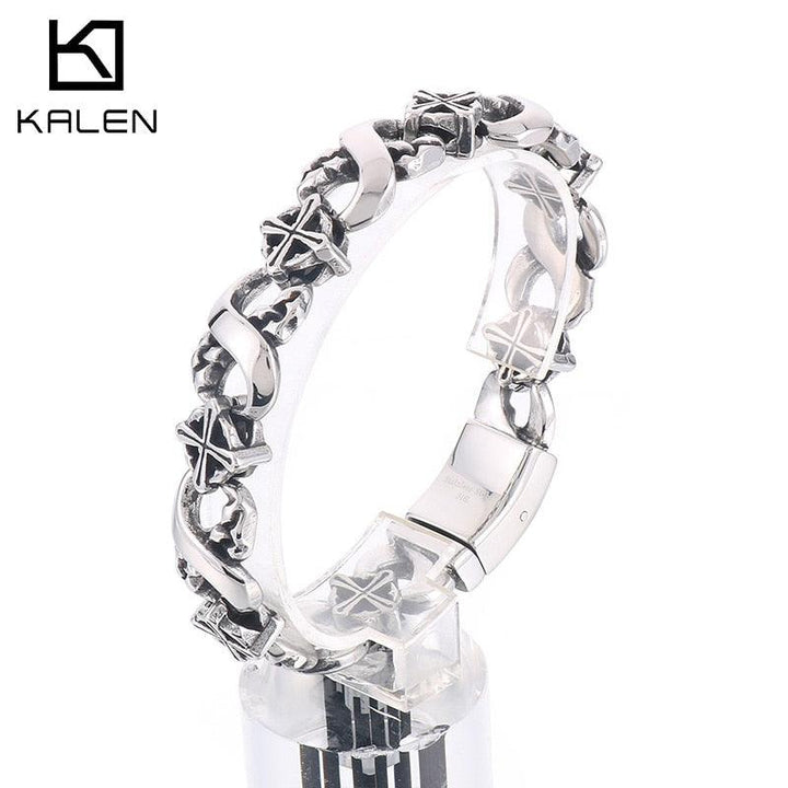 KALEN 14mm Fashion Punk Creative Retro Stainless Steel Cross Men's Bracelet Jewelry.