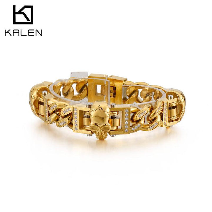 KALEN 14mm Zircon Cuban Chain Skull Charm Stainless Steel Bracelet for Men - kalen