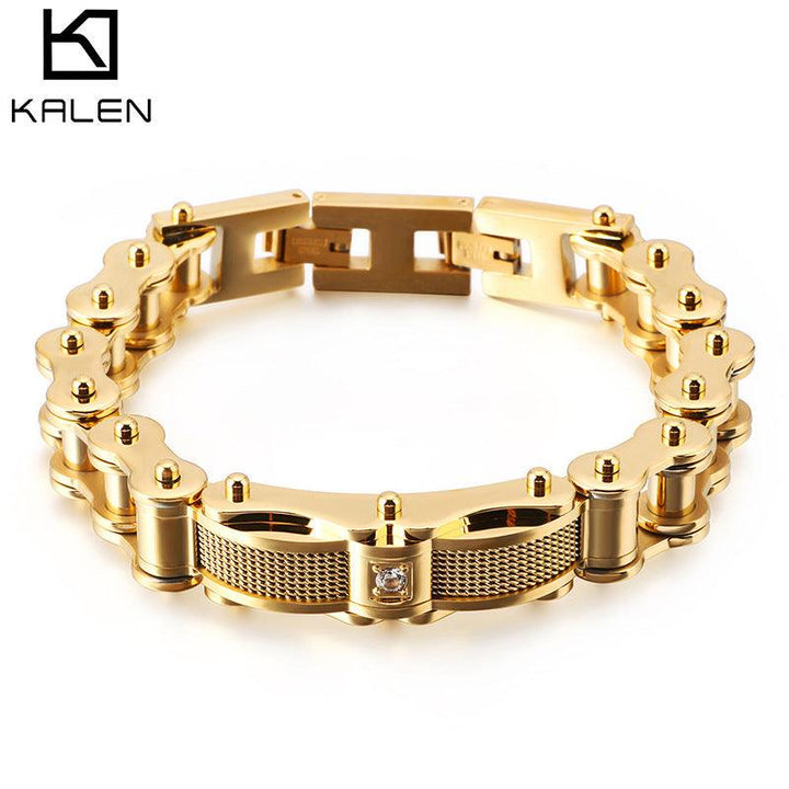 Kalen 15mm Biker Stainless Steel Bicycle Chain Zircon Bracelet for Men - kalen