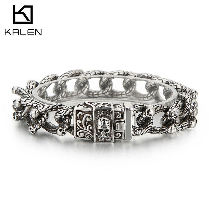 KALEN 15mm Cuban Chain Skull Charm Stainless Steel Bracelet for Men - kalen