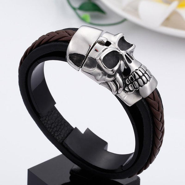 Kalen 15mm Leather Stainless Steel Skull Charm Bracelet For Men - kalen