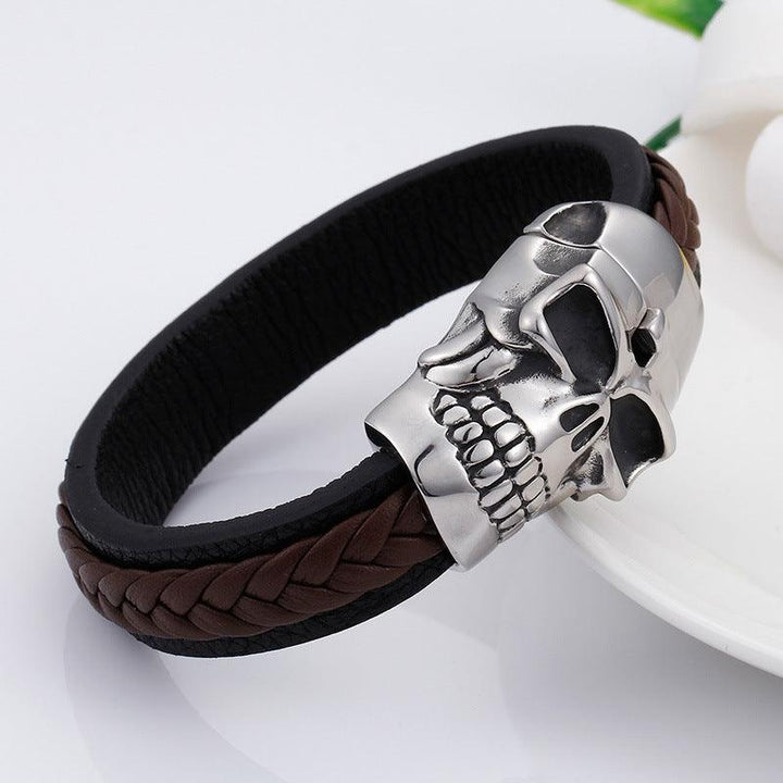 Kalen 15mm Leather Stainless Steel Skull Charm Bracelet For Men - kalen