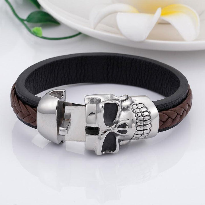 Kalen 15mm Leather Stainless Steel Skull Charm Bracelet For Men - kalen