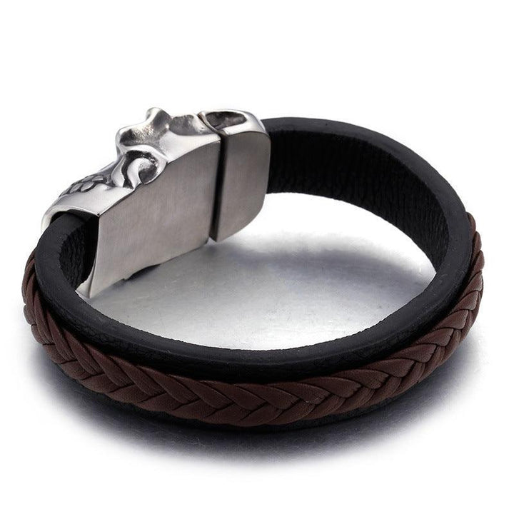 Kalen 15mm Leather Stainless Steel Skull Charm Bracelet For Men - kalen