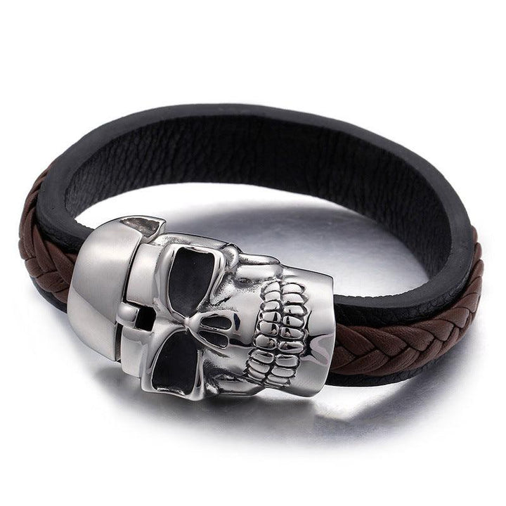 Kalen 15mm Leather Stainless Steel Skull Charm Bracelet For Men - kalen