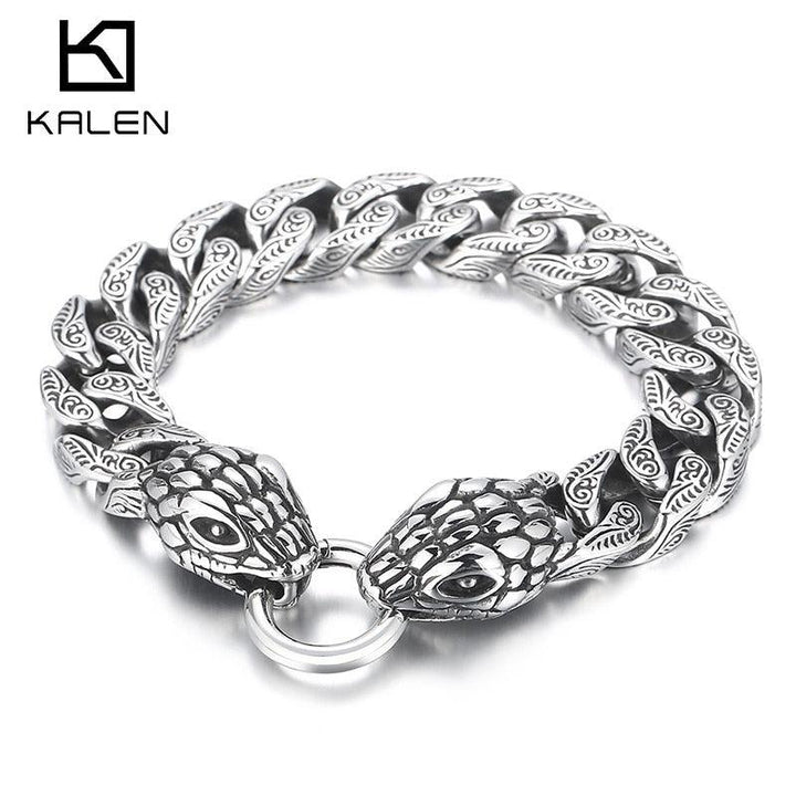 KALEN 15mm Snake Charm Bracelet Men Stainless Steel 316L Vintage Curb Chain Jewelry.