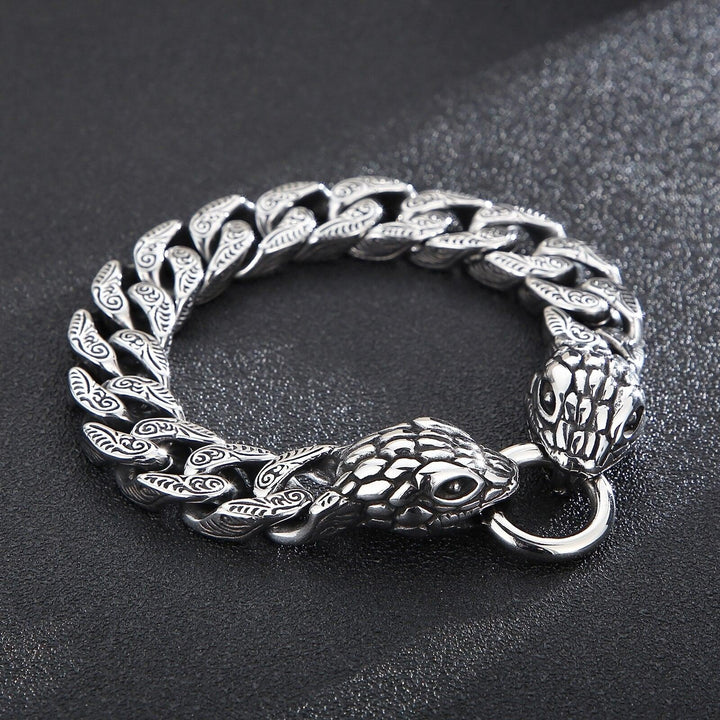 KALEN 15mm Snake Charm Bracelet Men Stainless Steel 316L Vintage Curb Chain Jewelry.