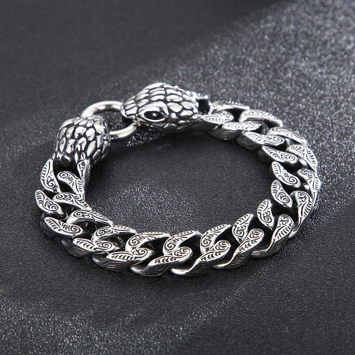 KALEN 15mm Snake Charm Bracelet Men Stainless Steel 316L Vintage Curb Chain Jewelry.