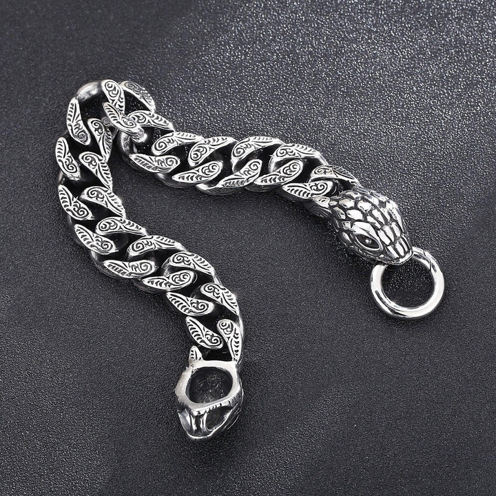 KALEN 15mm Snake Charm Bracelet Men Stainless Steel 316L Vintage Curb Chain Jewelry.