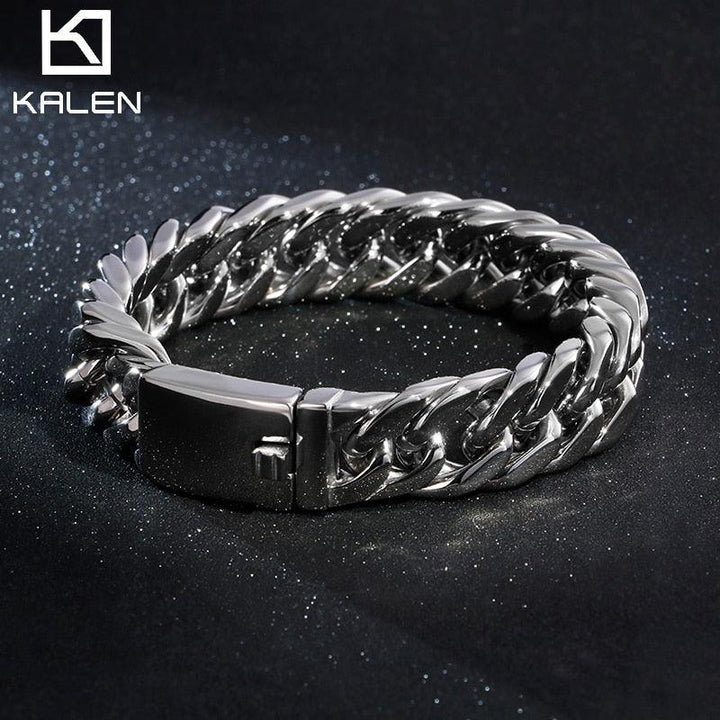 KALEN 15mm Width Stainless Steel Classic Link Chain Bracelet For Men Luxurious Bracelets Biker Hiphop Jewelry.