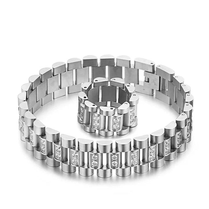 KALEN 16/13mm Vintage Zircon Watch Chain Stainless Steel Bracelet Ring Set - kalen