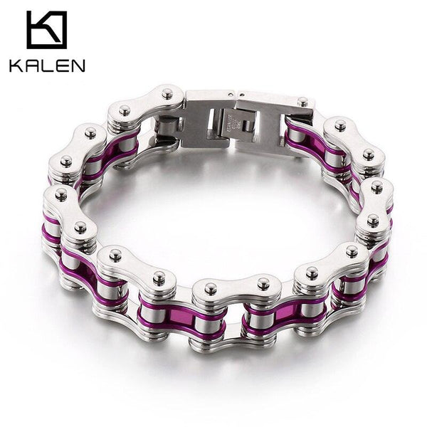 Kalen 16mm Bicycle Chain Bracelet Steel Purple Stitching Charm Men's Bracelets 220mm Punk Jewelry.