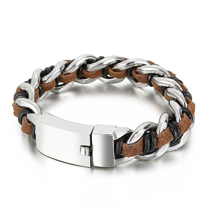 Kalen 16mm Leather Cuban Chain Stainless Steel Bracelet For Men - kalen