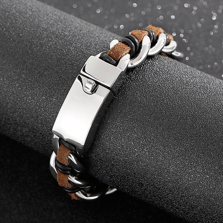 Kalen 16mm Leather Cuban Chain Stainless Steel Bracelet For Men - kalen