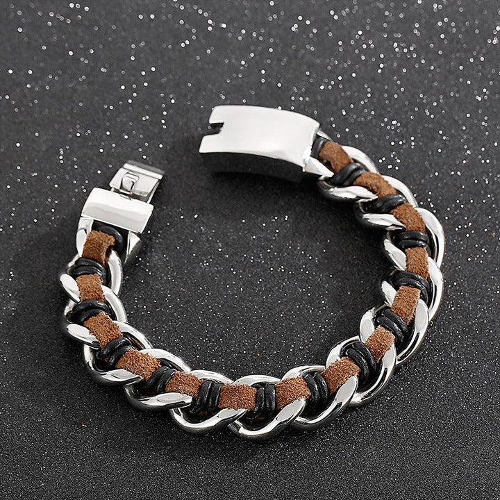 Kalen 16mm Leather Cuban Chain Stainless Steel Bracelet For Men - kalen