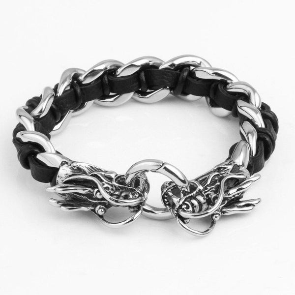 Kalen 16mm Leather Stainless Steel Dragon Snake Animal Charm Bracelet For Men - kalen