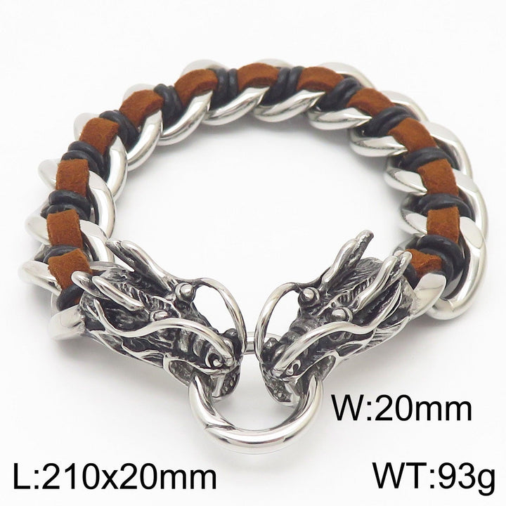 Kalen 16mm Leather Stainless Steel Dragon Snake Animal Charm Bracelet For Men - kalen
