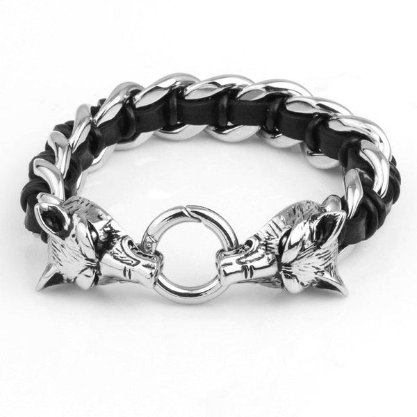 Kalen 16mm Leather Stainless Steel Wolf Animal Charm Bracelet For Men - kalen