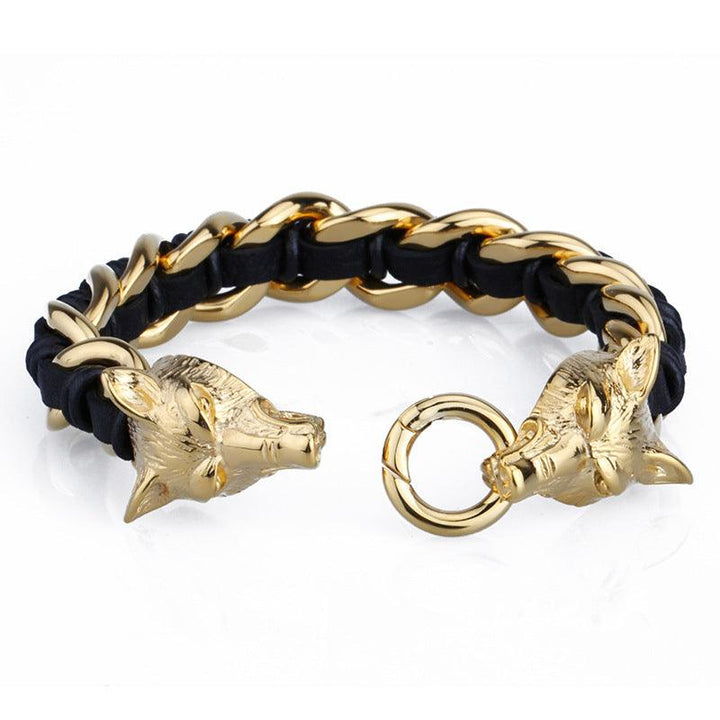 Kalen 16mm Leather Stainless Steel Wolf Animal Charm Bracelet For Men - kalen