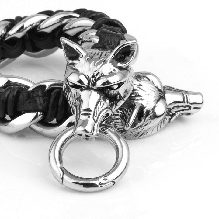 Kalen 16mm Leather Stainless Steel Wolf Animal Charm Bracelet For Men - kalen