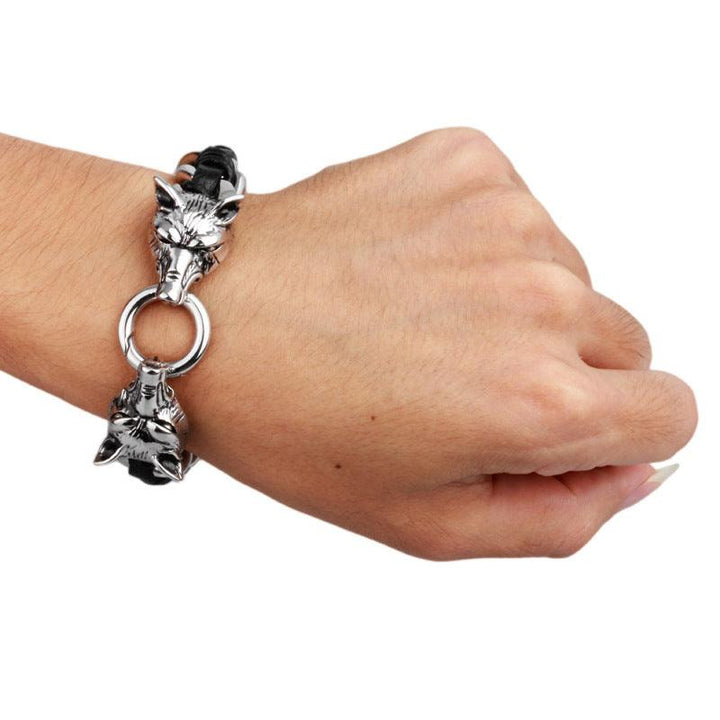 Kalen 16mm Leather Stainless Steel Wolf Animal Charm Bracelet For Men - kalen