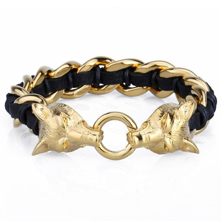 Kalen 16mm Leather Stainless Steel Wolf Animal Charm Bracelet For Men - kalen