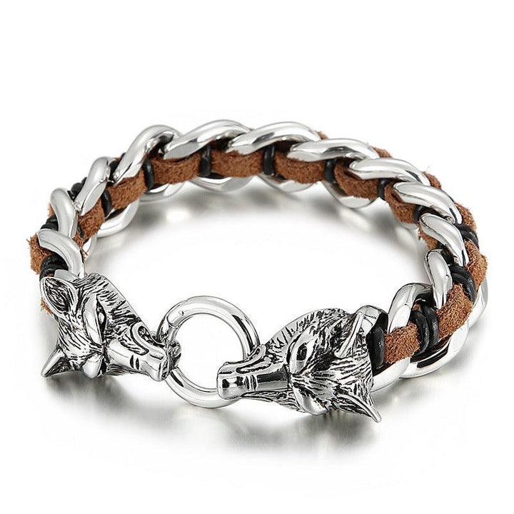 Kalen 16mm Leather Stainless Steel Wolf Animal Charm Bracelet For Men - kalen