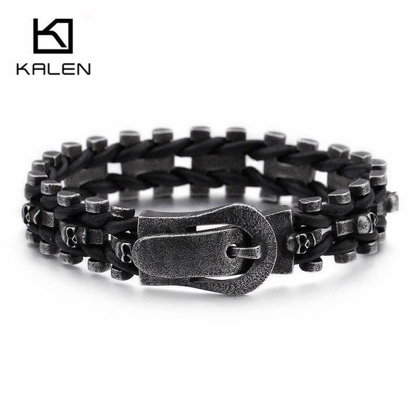 KALEN Punk Multiple Skull Heads Charm Bracelets For Men Leather &amp; Stainless Steel Brushed Matte Bike Chain Bracelets Jewelry.