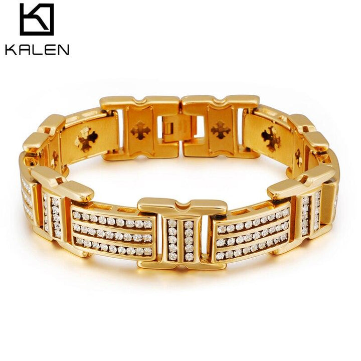 KALEN 17mm Hip Rock Zircon Biker Bracelet Men Stainless Steel Cool Party Jewelry.