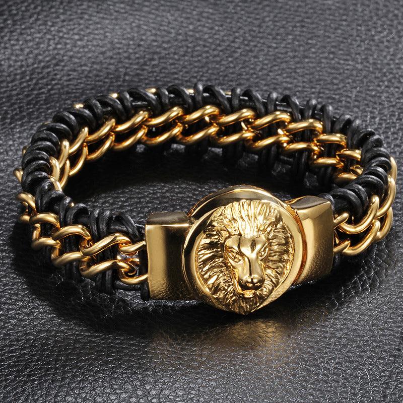 Kalen 17mm Leather Stainless Steel Round Lion Wolf Animal Charm Bracelet For Men - kalen