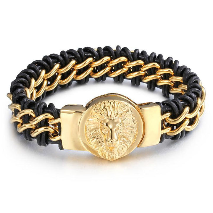 Kalen 17mm Leather Stainless Steel Round Lion Wolf Animal Charm Bracelet For Men - kalen