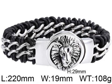 Kalen 17mm Leather Stainless Steel Round Lion Wolf Animal Charm Bracelet For Men - kalen