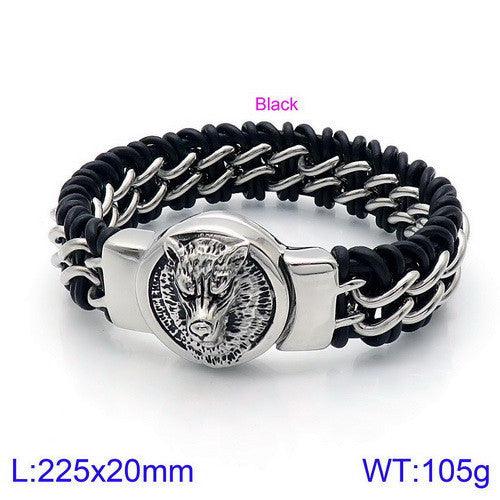 Kalen 17mm Leather Stainless Steel Round Lion Wolf Animal Charm Bracelet For Men - kalen