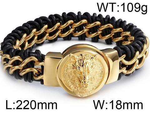 Kalen 17mm Leather Stainless Steel Round Lion Wolf Animal Charm Bracelet For Men - kalen