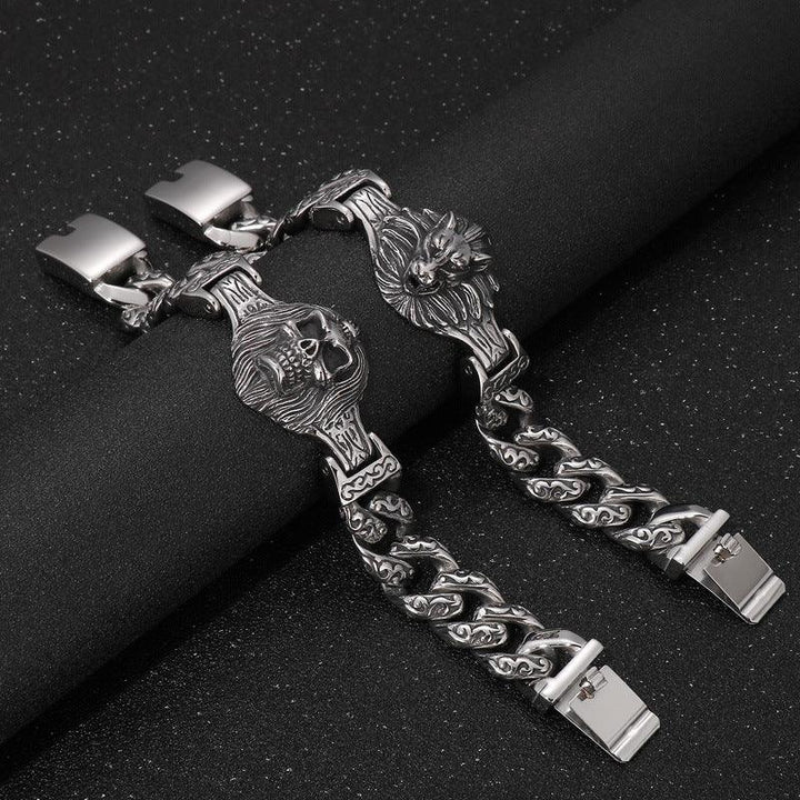 KALEN 18mm Cuban Chain Skull Wolf Charm Stainless Steel Bracelet for Men - kalen