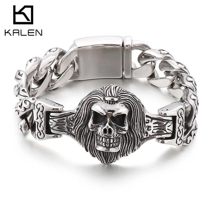 KALEN 18mm Cuban Chain Skull Wolf Charm Stainless Steel Bracelet for Men - kalen